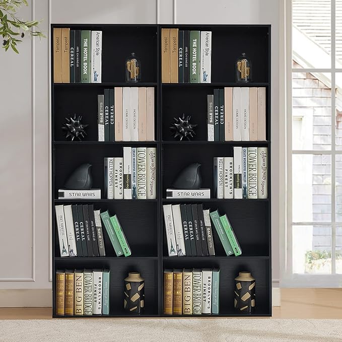 Tall Bookshelves with Cabinet, Office Storage Cabinets and Bookshelf, 5-Tier Wooden Bookcase with Storage, Floor Standing Display Cabinet Shelves for Living Room, Home Office, Black