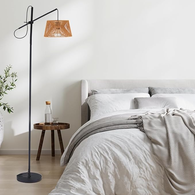 Arc Floor Lamp with Remote, Boho Floor Lamp with 3 Color Temperatures, 2700K-6500K Dimmable Rattan Standing Lamp with LED Bulb and Foot Switch, Adjustable Tall Lamp for Living Room Bedroom