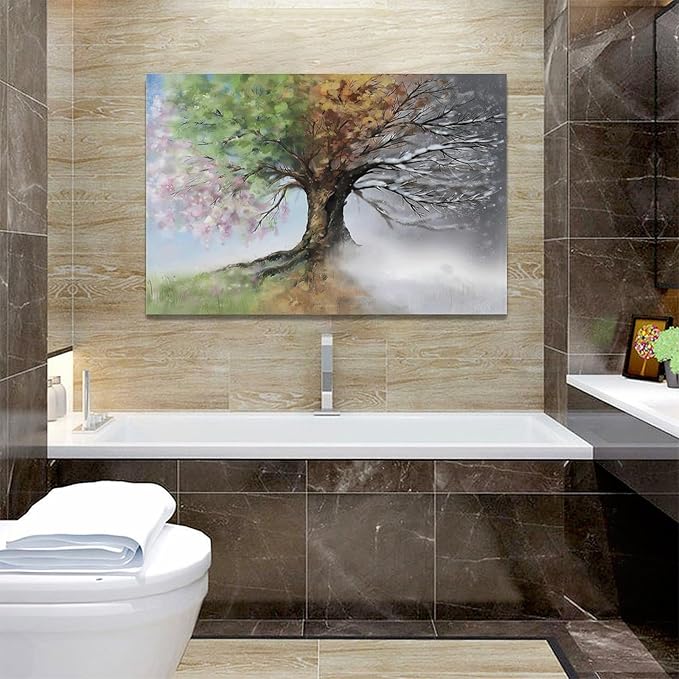 Tree of Life Wall Art Four Season Trees Pictures Decor Rustic Nature Canvas Country Painting Modern Artwork Home Decorations for Bathroom Living Room Bedroom Office Framed 24"x16"