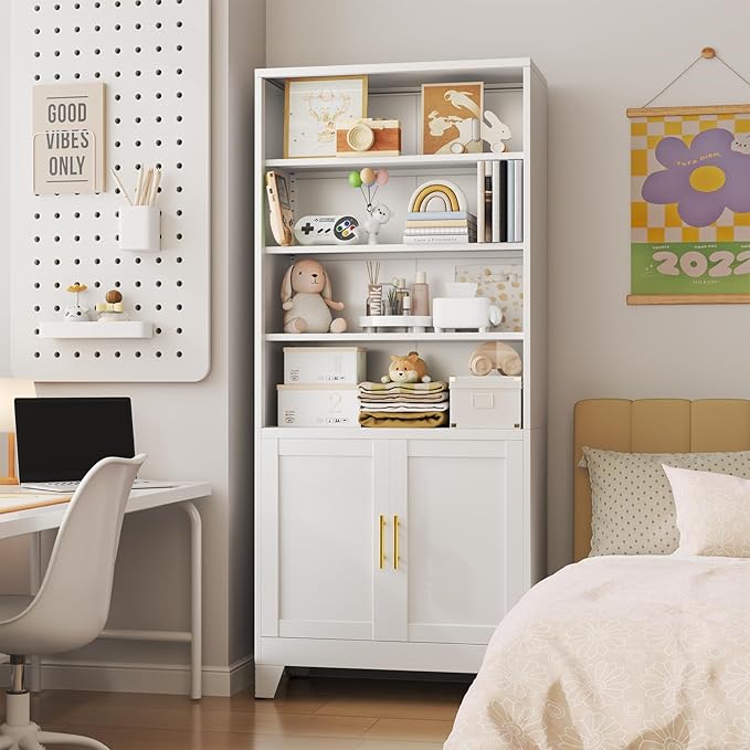 Metal Bookcase with Doors, White 71" Tall Bookcase with Storage, Floor Industrial Bookshelves and Bookcases 6 Tier Shelf Dispaly Storage Shelves for Home Office, Living Room, Bedroom, White