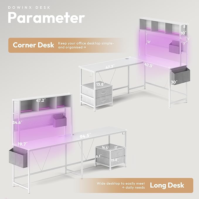 Dowinx 67” L-Shaped Gaming Desk with Pegboard & Drawers, Reversible Computer Desk with RGB Lights & Power Outlets, Corner Workstation with Storage & Hutch for Home Office & Gaming White
