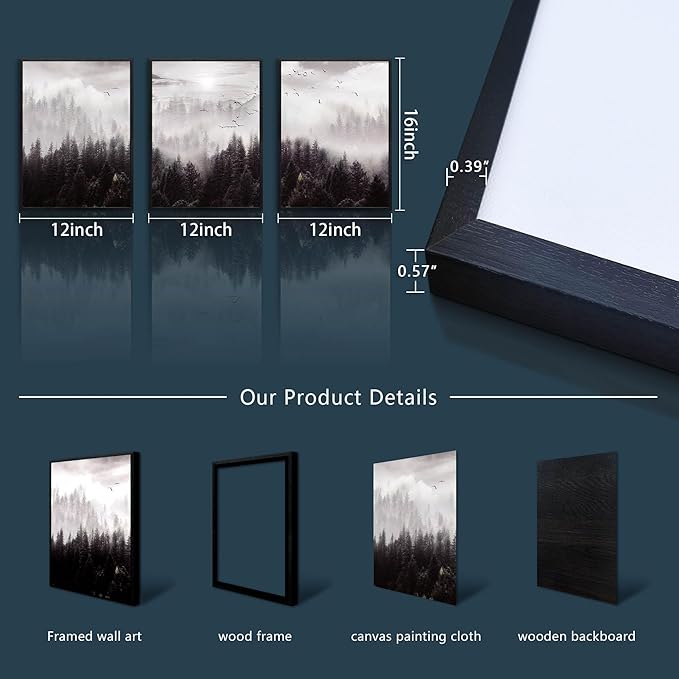 Black Framed Canvas Wall Art - Boho Wall Decor for Living Room & Bedroom - Foggy Forest Trees Scenery - 3 Pieces