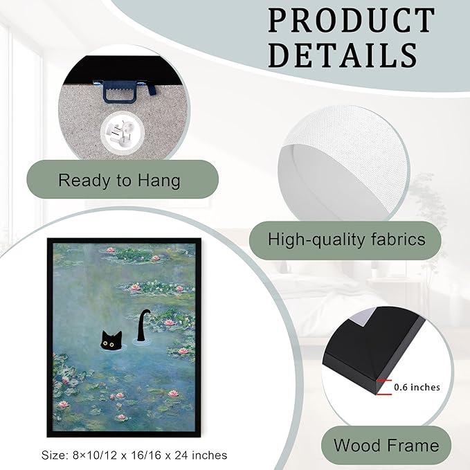 Fantasy Artists Monet Water Lilies Cat Wall Art, Framed Vintage Canvas Art Wall Decor, Funny Black Cat Posters Prints for Bathroom Bedroom Living Room Home Office Decorations 8" Wide X 10" Height