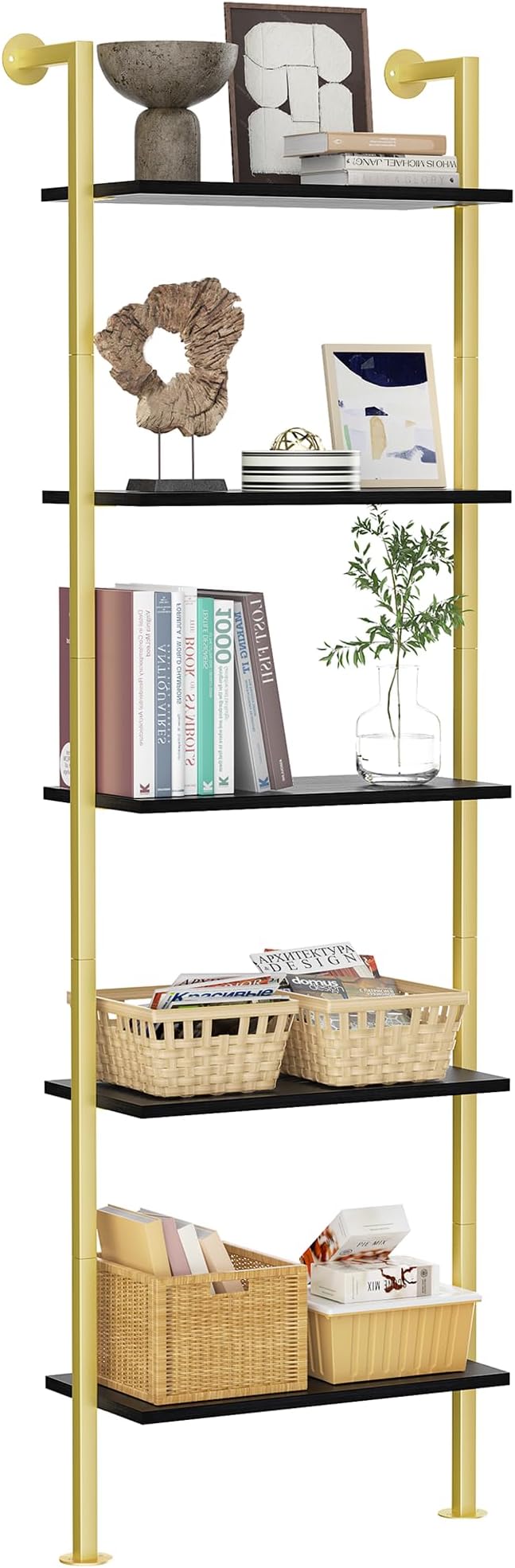 5-Tier Bookshelf Solid Wood Ladder Shelf, Narrow Book Shelf Display Shelf, Wooden Bookcase, Wall Mount Ladder Shelf, Storage Rack for Living Room, Bedroom, Industrial Style, Black&Gold