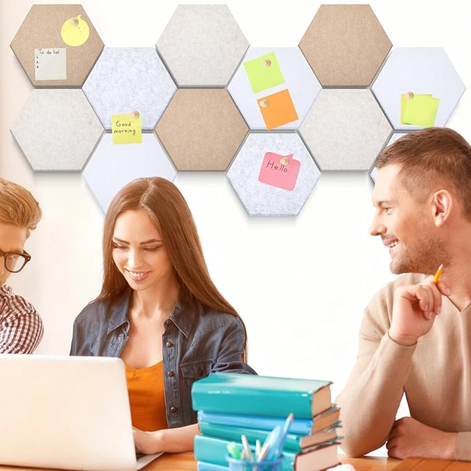 16 Pcs Hexagon Cork Board for Walls with 50 Wooden Push Pins 12x10 in Felt DIY Tiles Notice with Nano Tape Hanging Bulletin Board for Home Photo Office Memo Note(Retro)