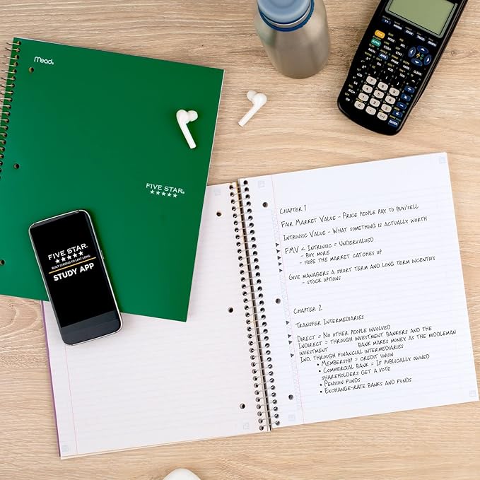 Five Star Spiral Notebook + Study App, 3 Subject, College Ruled Paper, Fights Ink Bleed, Water Resistant Cover, 8-1/2" x 11", Green (72067), 150 Sheets (Pack of 2)