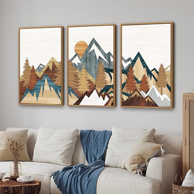 SIGNINART Vintage Mountain Framed Canvas Wall Art, Boho Sunrise Art Prints, Forest Nature Wilderness Art Paintings, Modern Farmhouse Woodcut Style Wall Decor for Living Room Bedroom, Office 24"x36"x3
