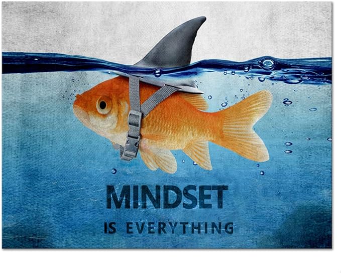 Inspirational Wall Art Goldfish Shark Pictures Blue and Grey Canvas Painting Motivational Quote Mindset Posters HD Prints Artwork Office Decor for Living Room Bedroom Framed (16”Hx12”W)