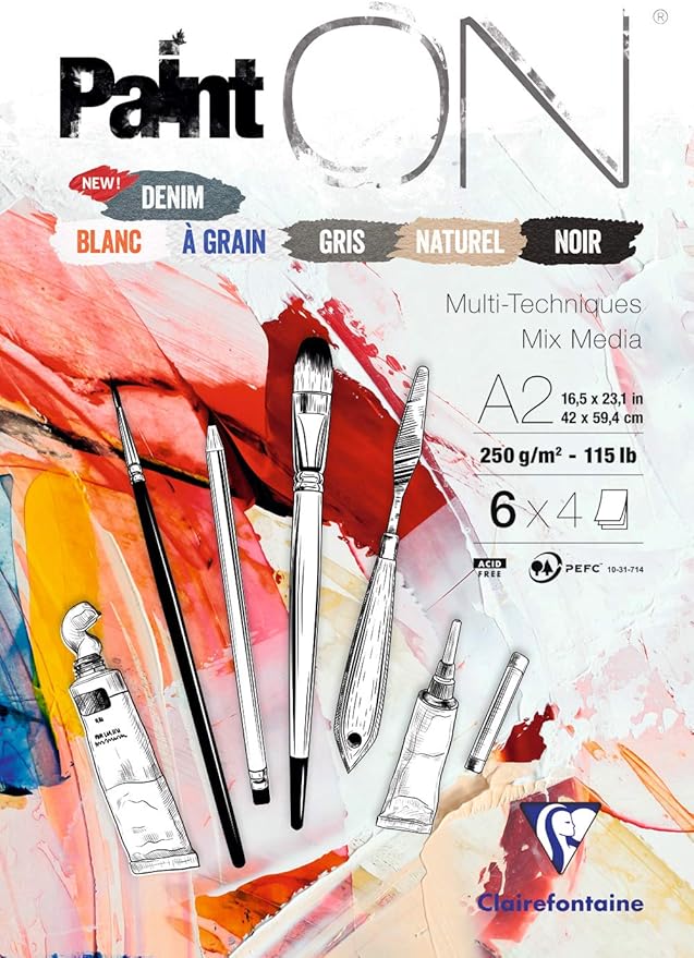 Clairefontaine - Ref 975412C - Paint'ON Multi-Technique Assorted Colour Paper Pad (24 Sheets) - A2 Size, 250gsm Heavyweight Paper, Slight Rough Grain, Acid Free, pH Neutral