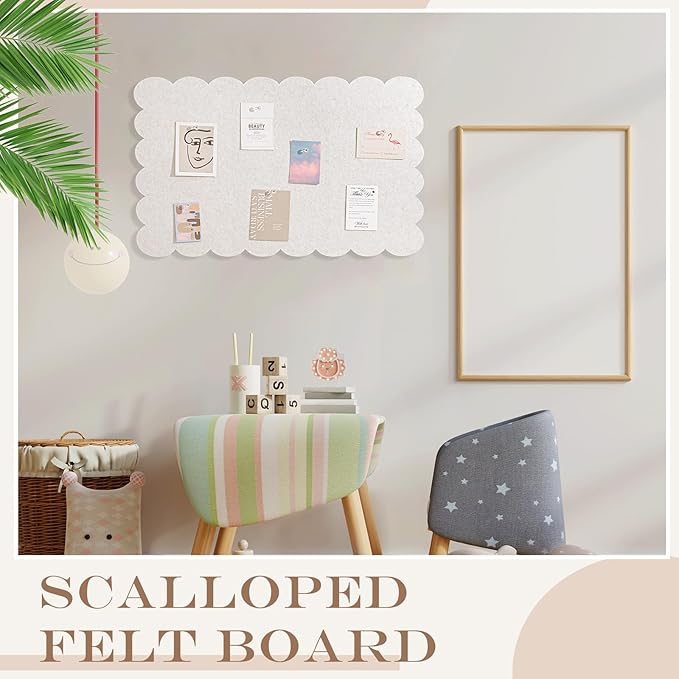Scalloped Felt Bulletin Board 36 x 18 Inches Foldable Beige Pin Cork Board Alternative for Wall, 3' x 1.5' Trifold Picture Vision Self Adhesive Bulletin Decorative
