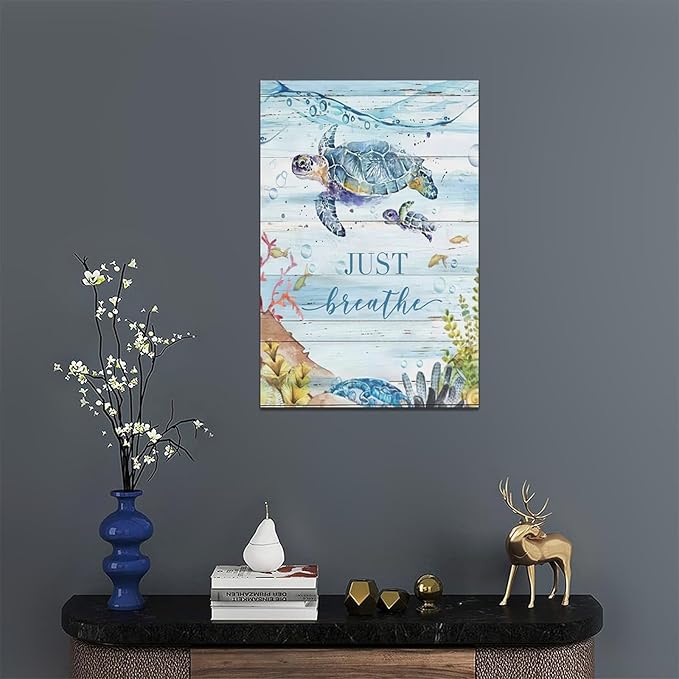 Ocean Sea Turtle Wall Art Nautical Just Breathe Pictures Wall Decor Beach Seaweed Canvas Coastal Painting Modern Artwork Home Decoration for Bathroom Living Room Bedroom Office Framed 16"x24"