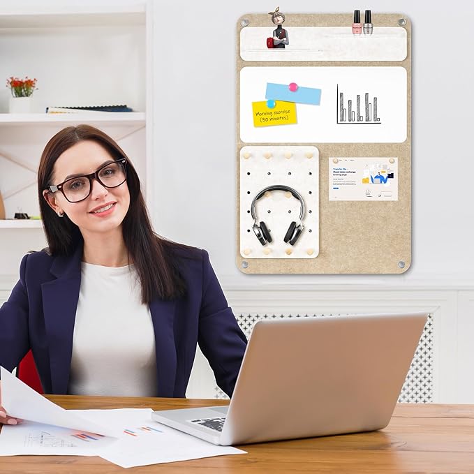 DOLLAR BOSS 3-in-1 Foldable Bulletin Board 24"x16" Vertical - Magnetic Whiteboard with Cork & Acrylic Shelves, Sound-Absorbing Felt for Home/Office/Dorm Includes Pins/Magnets (Latte)