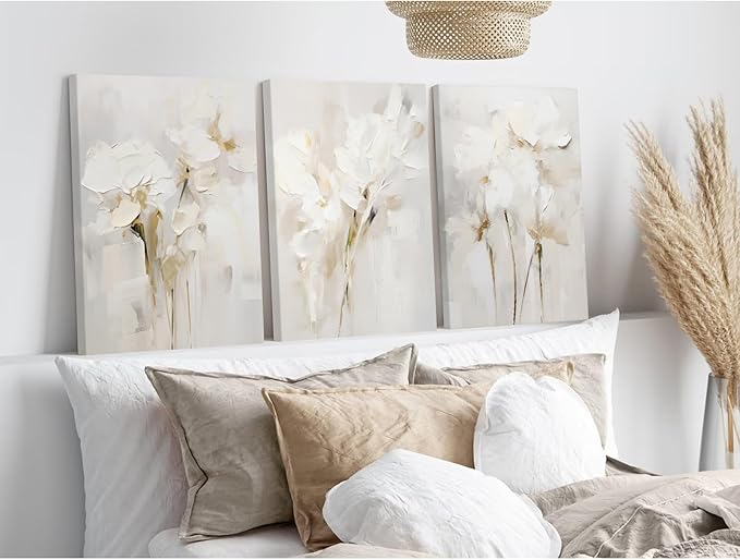 Neutral Wall Art Abstract Floral Canvas Pictures Beige Flower Wall Decor Modern Painting Minimalist Poster Abstract Botanical Prints White Artwork for Bedroom Living Room 12x16x3 Inch Ready to Hang