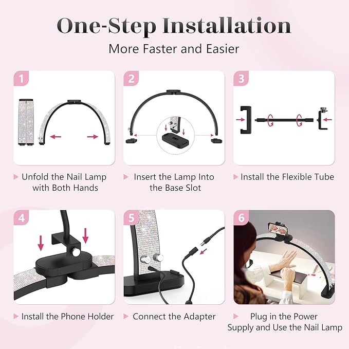 Half Moon Manicure Table Light: 31-inch Half Moon Light For Nail Desk With Phone Holder - AB Crystal Nail Tech Lamp For Beginner DIY - 48W Professional Nails Bright Desk Lamp for Salon,Lash,Tattoo