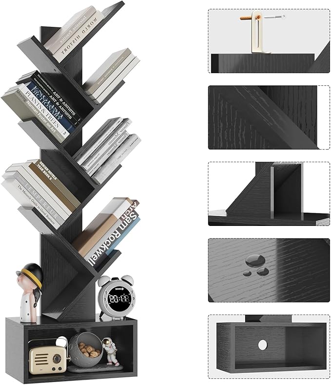 YMYNY 6 Tier Tree Bookshelf, Tall Bookcase, Wood Book Storage Rack with Drawer, Modern Floor Standing Book Shelf for Books/Movies/CDs, Utility Organizer for Living Room, Home Office, Black UHBC016B