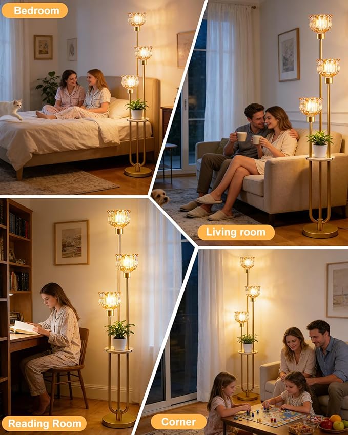 Lightdot Glass Floor Lamp for Living Room 3-Lights Modern Dimmable Gold Floor Lamp with Amber Glass Shade & 3000K Bulbs Included Unique Tall Standing Lamp for Bedroom/Sofa Beside/Corner Decor