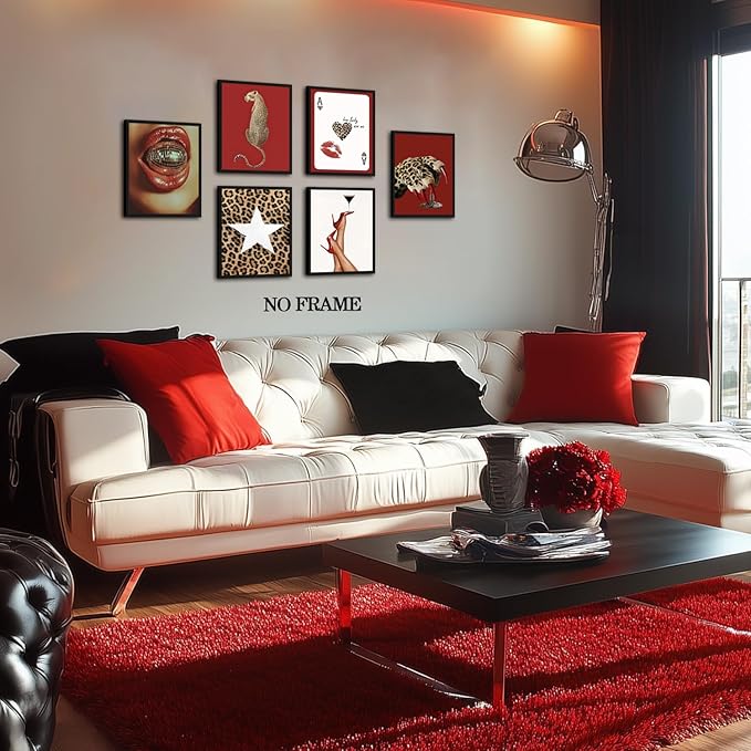 Trendy Leopard Wall Art Poster Set of 6, Red Funky Cheetah Martini Disco Ball Lip Pictures Wall Decor, Fashion Preppy Coquette Paintings Prints for Living Room Bedroom Dorm 8x10 inch Unframed