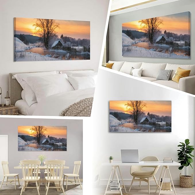 House the village near the river against the backdrop the mountains a Canvas Wall Art Large Framed Prints Pictures Wall Decor Posters Painting Artwork for Living Room Bedroom Kitchen Bathroom 24x47