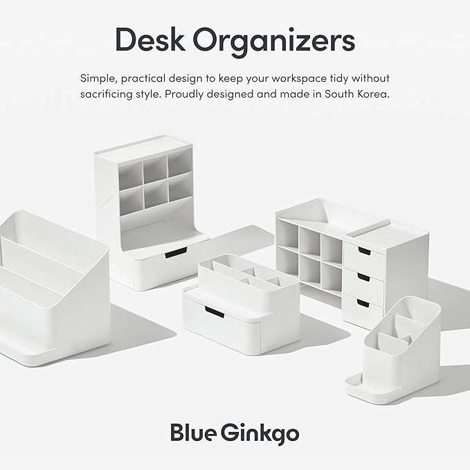 BLUE GINKGO Compact Desk Organizer – Small 5-Compartment, Half Drawer Storage – Pen Holder, Stationery Organizer for Desktop, Vanity, Shelf (Made in Korea, Blue)