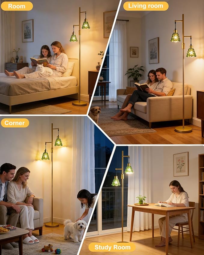 Lightdot 65IN Glass Floor Lamp for Living Room, 2- Light Gold Floor Lamps with Green Glass Shade& 3000K Warm White Bulbs, Modern Standing Tall Lamp for Bedroom/Corner Beside/Home Decor