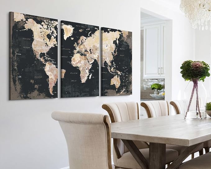 GIFTTWART Office Wall Decor World Map Wall Art Living Room Black And White Pictures Artwork for Walls Vintage Wall Decorations Bedroom Dining Room Art