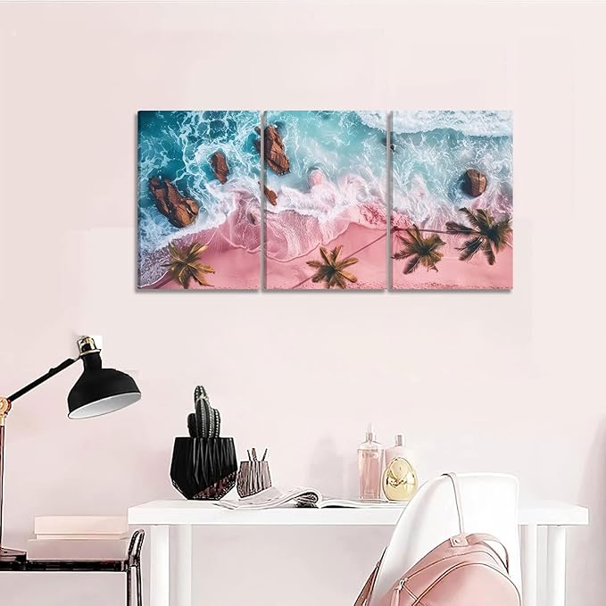 3Pcs Pink Beach Canvas Wall Art Tropical Coastal Palm Trees Wall Decor Pictures Preppy Ocean Wave Landscape Posters Prints for Living Room Bedroom Teen Girls Room Artwork Home Decoration Unframed