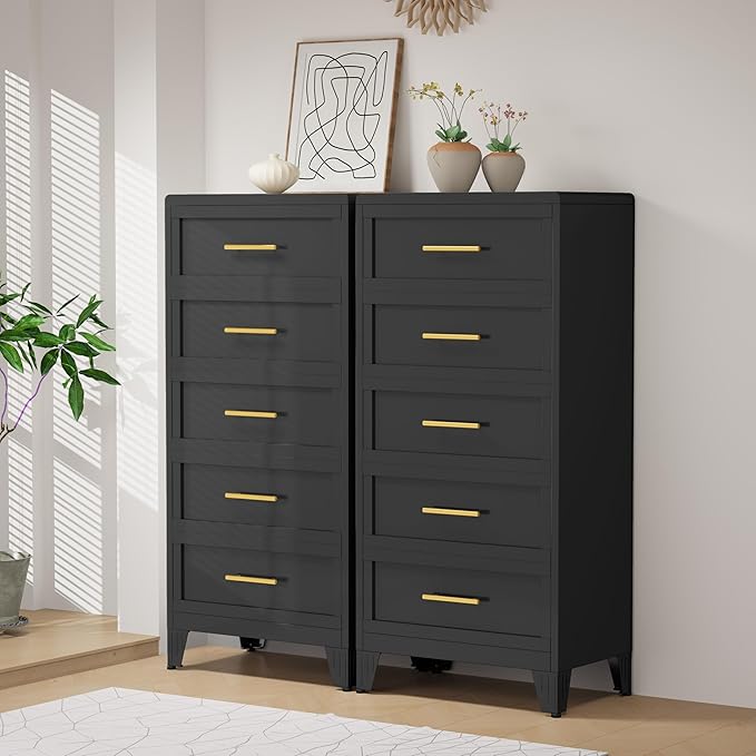 53.46" Tall Dresser for Bedroom 5 Drawers, Metal Dresser Chest of Drawers, Circular Drawer Cabinet for Home,Filing Cabinet with Drawers for Office (Black)