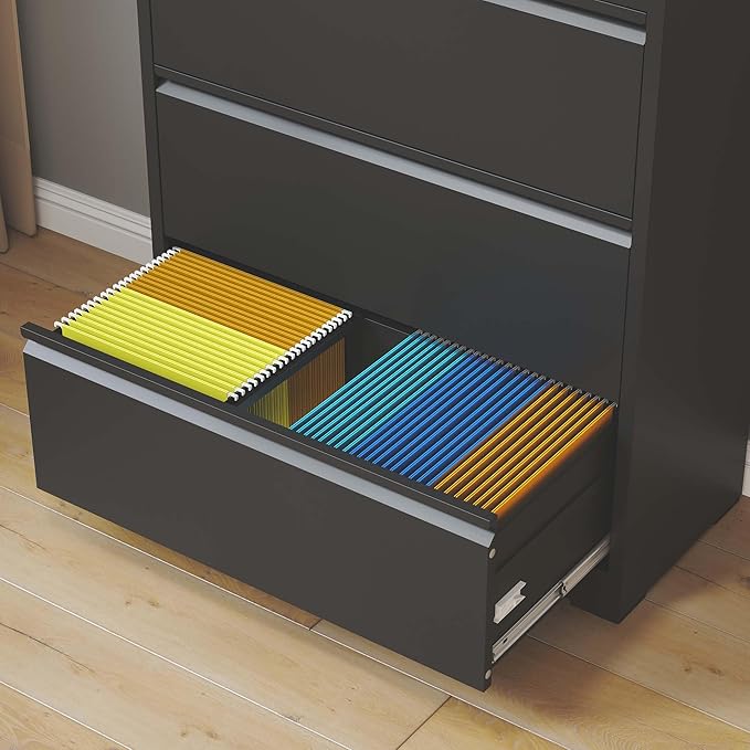 5 Drawer Lateral File Cabinet with Lock for Home Office Metal Filing Cabinet with Adjustable Hanging Rails Horizontal Filing Organization Storage Cabinet for Letter/Legal/A4/F4 Size Balck