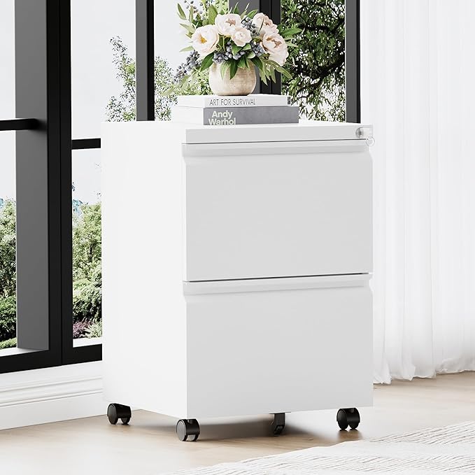2 Drawer File Cabinet,Mobile Filing Cabinet with Lock and Wheels,Un-Assembled Metal Under Desk File Cabinets for A4/Letter/Legal Size(White