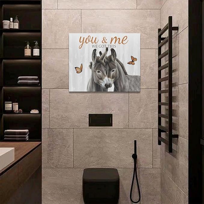 yerretin Farmhouse Donkey Wall Art Country Love Pictures Wall Decor Rustic Animal Canvas Painting Home Decoration Artwork for Bathroom Bedroom Living Room Office Framed 20"x16"
