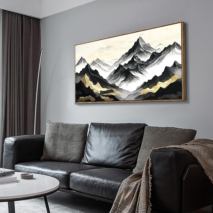 amatop Mountain Landscape Wall Art, Large Framed Modern Abstract Black and White Canvas Print – Zen Minimalist Nature Artwork for Office Wall Decor, Living Room & Bedroom (48x24 Inch)
