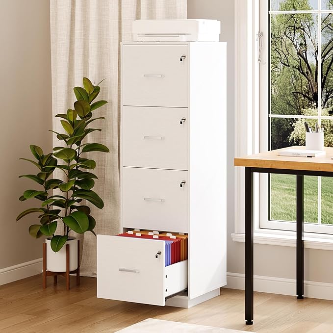 VINGLI 4 Drawer File Cabinet with Lock, Home Office Filing Organizer, for Letter Size File Folder Storage, Wood Tall Vertical Filing Cabinet, Printer Stand, Archivador (White)