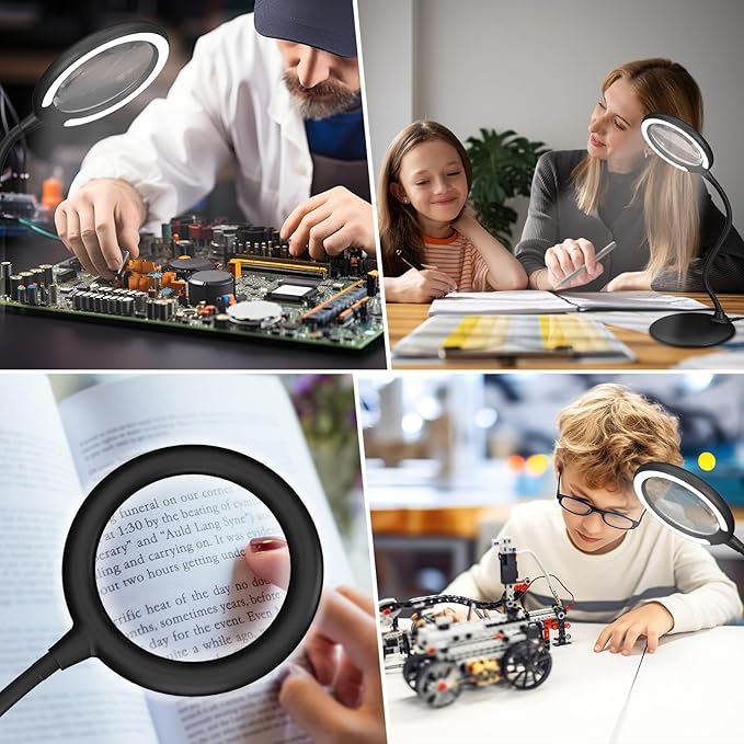 Magnifying Glass with Light and Stand, 5X Desk Magnifying Lamp, Table Magnifier Lamp for Senior Close Work Reading Crafts