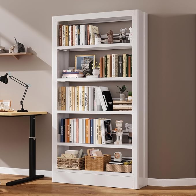 Metal Bookshelf, 5-Tier Bookcase with Adjustable Storage Shelf, 71" Tall Bookcases Heavy Duty bookcase with Bookends, Modern Bookshelf for Living Room, Library, Bedroom,Includes Book Stoppers-White