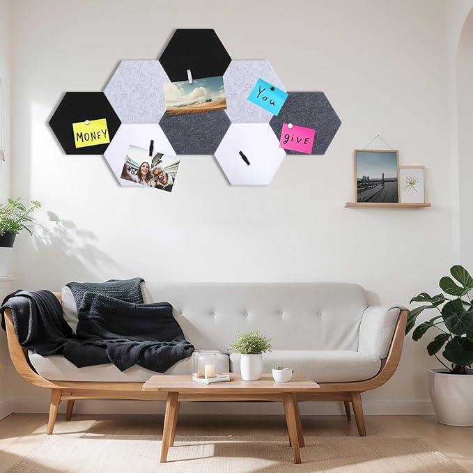 8 Pcs 12" Large Hexagon Felt Cork Bulletin Board Tiles Self Adhesive DIY Pin Board with 50 Push Pins and 10 Colored Clips, Wall Decor for Office Home Kitchen Photos Memos(Black White)