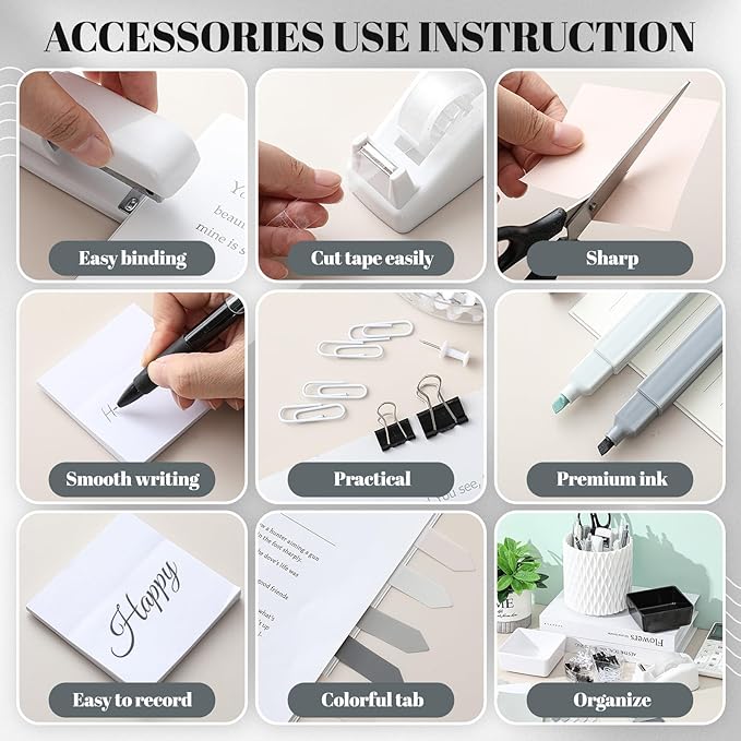 Kosiz 27 Pcs Black and White Desk Accessories Gift for Aesthetic Desk Organizer White Office Supplies Pen Holder Sticky Notes Stapler Binder/paper Clips Scissor Staple for Women(Classics)