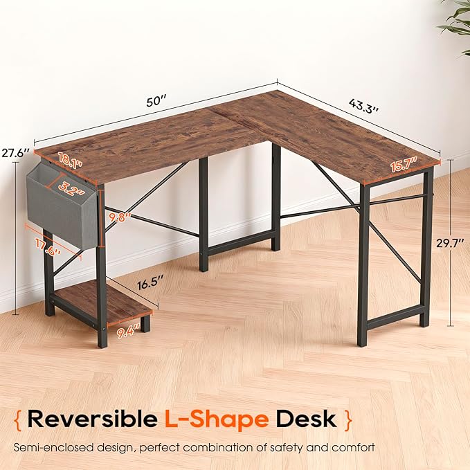 FDW 50 Inch L-Shaped Desk,Gaming Desk Computer Desk with Side Storage Bag & CPU Stand,Corner Desk for Home Office,Bedroom,Writing & Gaming,Brown