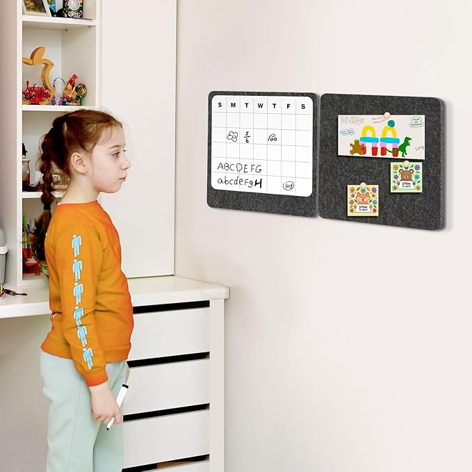 DOLLAR BOSS Felt Bulletin Board & Dry Erase Whiteboard Calendar Combo 2 Pcs 12" X 12" Magnetic White Board Cork Board for Wall Frameless Combination Board with Pins Wall Decor for Home School Office