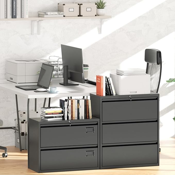 Greenvelly 2 Drawer File Cabinet, Black Lateral File Cabinet with Lock, Filing Cabinet for Home Office, Lockable File Cabinets for Legal/Letter/A4/F4 Size with Hanging Files&Key