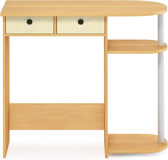 Furinno GO GREEN Desk, 31.5" Wide Gaming Desk with 2 Side Shelves and Storage Bins, Computer Desk, Office Desk for Home Office, Study Room, Dorm, Bedroom, Beech