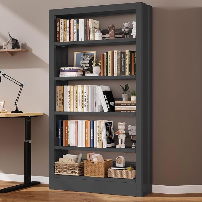 Metal Bookshelf, 5-Tier Bookcase with Adjustable Storage Shelf, 71" Tall Bookcases Heavy Duty bookcase with Bookends, Modern Bookshelf for Living Room, Library, Bedroom,Includes Book Stoppers-Black