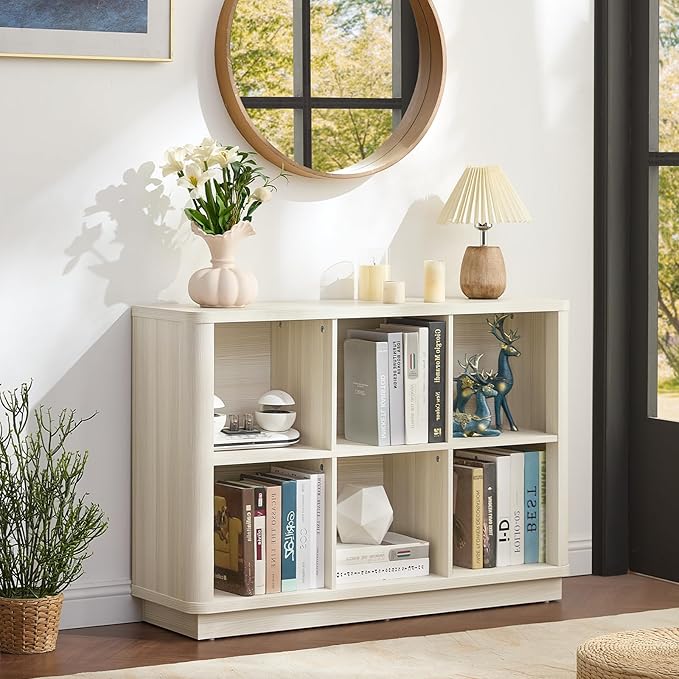 6 Cube Bookcase, 40" Wide Horizontal 2-Tier Book Shelf w/Curved Edge, Wood Low Floor Standing Bookshelf with Base, Modern Short Storage Organizer for Living Room,Office, Gray-White Cream Oak