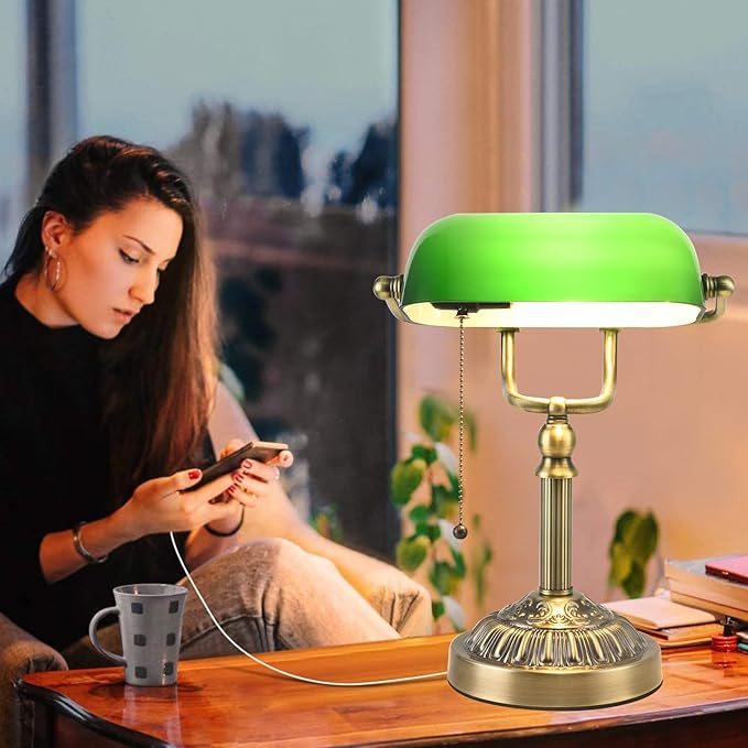 Green Glass Bankers Desk Lamp, Vintage Desks Lamp with USB Charging Port, Traditional Banker's Lamp, Mid Century Desk Lamp Pull Chain for Home Office Library