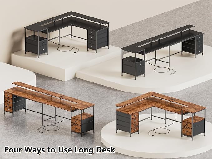 Furologee 66" Reversible L Shaped Gaming Desk with 6 Drawers & Printer Storage Shelves, Corner Computer Desk with Power Outlets & LED Lights, Home Office Table with Monitor Stand, Black
