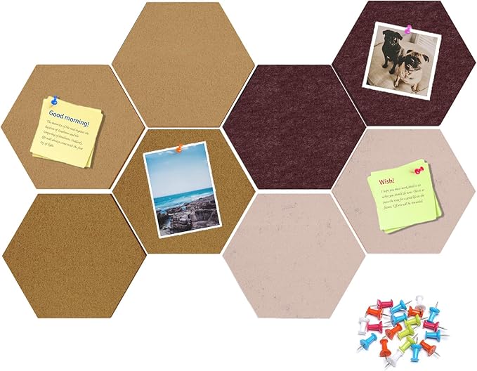 8 Pack Hexagon Felt Bulletin Board Tiles - 11.8" Large Thick Pin Board for Walls with 30 Push Pins, DIY Boards for Office Home School Decor, Aesthetic Hex Cork Board Alternative