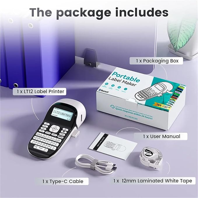 Label Printer, LT12 Label Maker Portable Inkless Printer Bluetooth Handheld Sticker for Office Home QWERTY Keyboard One-Touch Key(Black Printer)