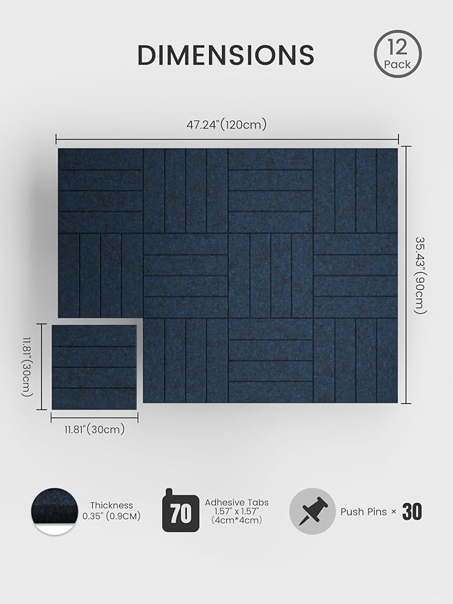 Bumusty Large Cork Board Alternative-48 x 36" Felt Bulletin Board Tiles, with 30 Pushpins, 70 Adhesive Tabs, 12-Pack Slat Wall Paneling, Cork Boards for Office Push Pin Board Felt Board-Carbon Blue