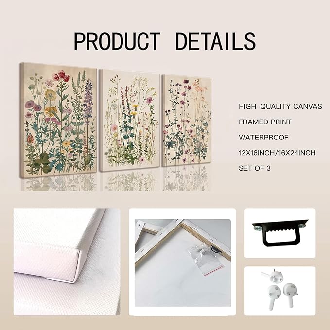 TUEASKY 3 Piece Canvas Wall Art Wildflower Wall Decor Botanical Pictures Floral Paintings Vintage Prints Watercolor Artwork for Bedroom Living Room
