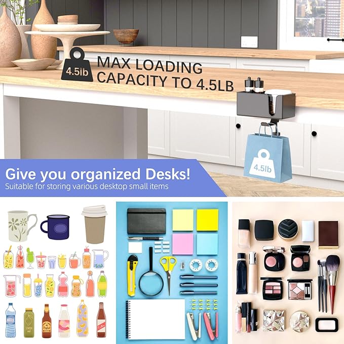 5 in 1 Desk Pencil Holder - Clamp on Under Desk Headphone Hanger - Rotating Headphone Holder Detachable Pen Holder Desktop Storage