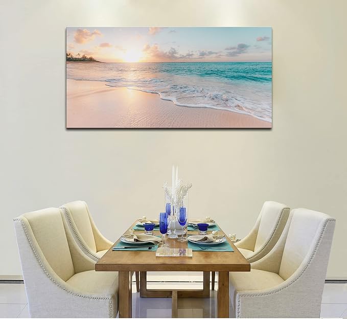 Beach Canvas Wall Art - Sunset Ocean Picture Green Nature Seascape Painting Print for Kitchen, Bedroom, Living Room Decoration, Large Coastal Artwork Poster for Wall Decor 20"x40"